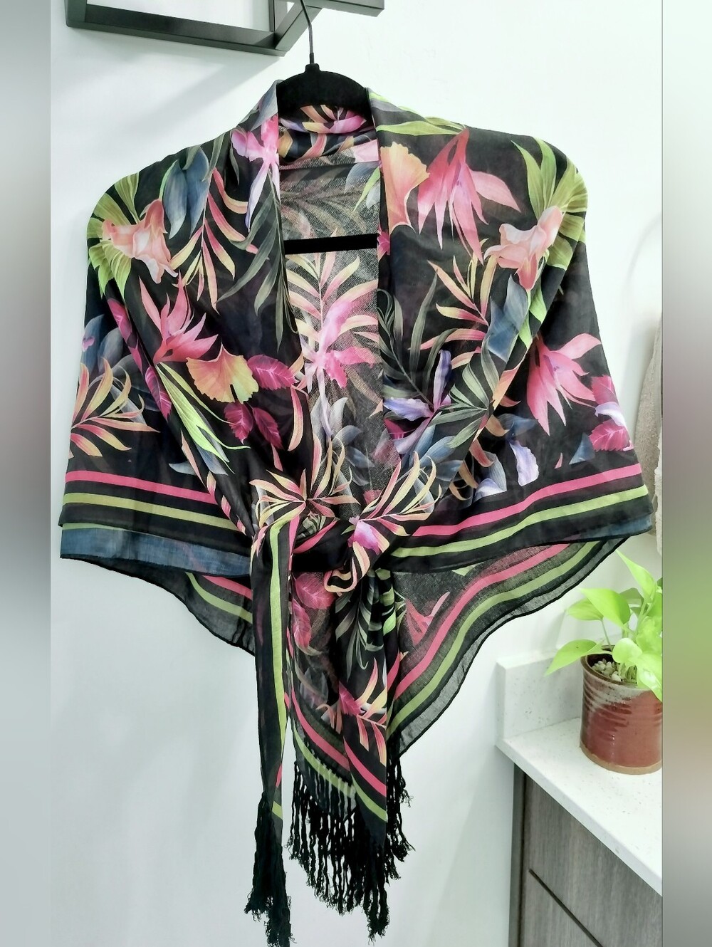 Vibrant Black Tropical Floral Scarf Wrap Shawl with Tassel Fringe Oversized